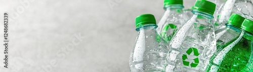 A collection of transparent plastic water bottles with green caps, featuring recycling symbols, set against a neutral background.