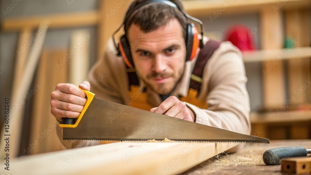 A medium closeup of the carpenter using a hand saw the blade gliding through the wood the pencil behind their ear emphasizing a moment of calculated craftsmanship with sawdust A medium closeup of the carpenter using a hand saw the blade gliding through the wood the pencil behind their ear emphasizing a moment of calculated craftsmanship with sawdust