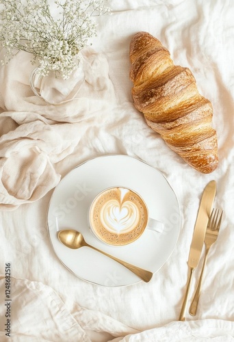 Cup of coffee with croissant placed on the bed with white shirt  - business or romantic breakfast in the hotel room.