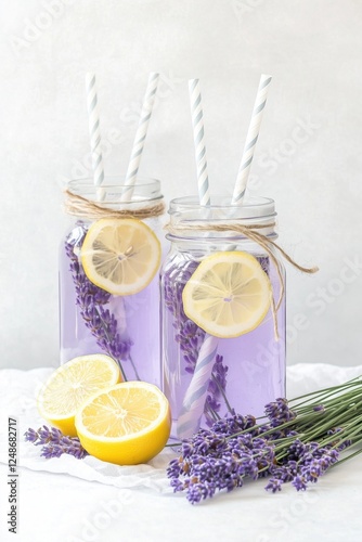 Purple lavender lemonade with lemon served in mason jars  -  food and drinks photography.