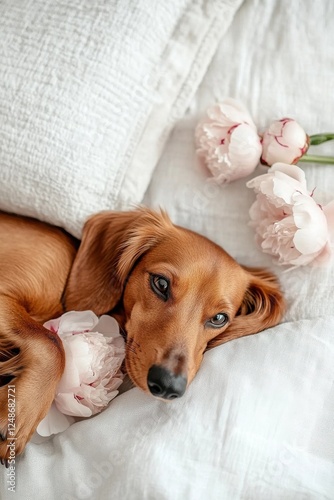 Brown Dachshund Dog Looking in the Camera with Pink Peonies Next to It - Close uUp Pet Portrait Photography.