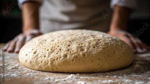 A medium closeup of the doughs surface showcasing small air bubbles and the uneven rustic texture with the bakers hands partially in frame preparing to score it. photo