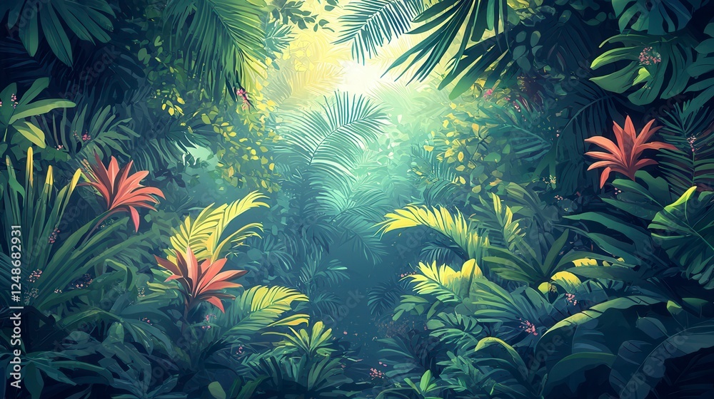 Obraz premium Lush Green Jungle with Sunlight and Red Flowers Pixel Art