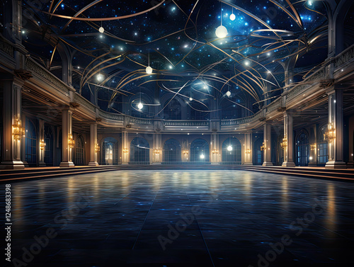 Grand Ballroom with Celestial Lights and Starry Night
