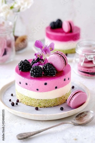 Purple cake with blackberries, berries and macaroon on top of it - desert  - food close up photography.