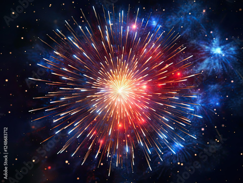 Cosmic Fireworks Explosion in Vibrant Red Blue and White