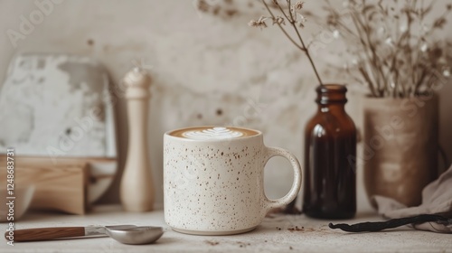 Warm latte in a speckled mug on a rustic table with flowers and kitchen items