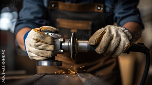 A medium closeup shot capturing the operators hands gripping the metal grinder with the focus on their protective gloves and the precision of their movements while smoothing a weld