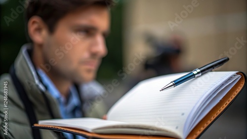 A medium closeup showcasing the journalists side profile notebook open and pen poised above it. The determination in their posture suggests theyre on the verge of unveiling a photo