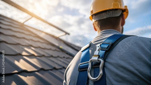 A medium closeup that reveals the intricate details of the roofers safety harness with slight reflections of sunlight shimmering off metallic clips as he gazes thoughtfully ahead.