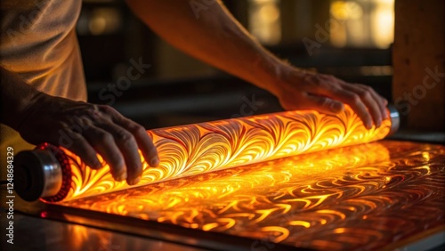 A medium closeup where hands are rhythmically rolling molten glass on a smooth surface imparting textures and patterns with glowing amber light illuminating the scene.