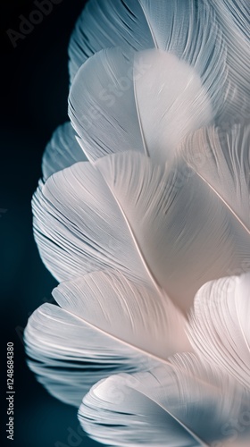 Delicate white feathers layered gracefully against a dark background