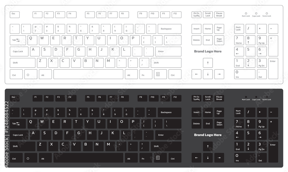 Black and White PC keyboard layout isolated on white background, vector illustration