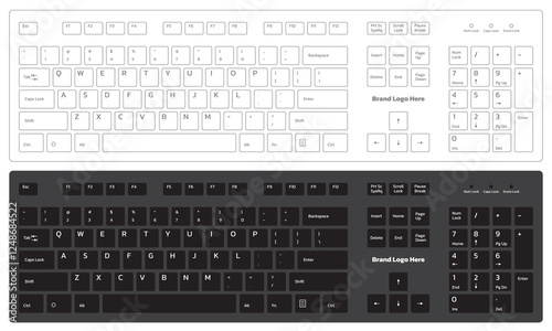 Black and White PC keyboard layout isolated on white background, vector illustration