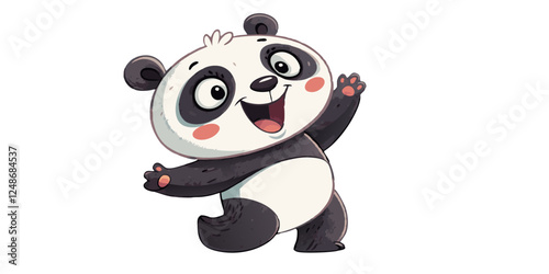 Cute cartoon panda, waving happily, bamboo background, pastel colors, simple illustration style