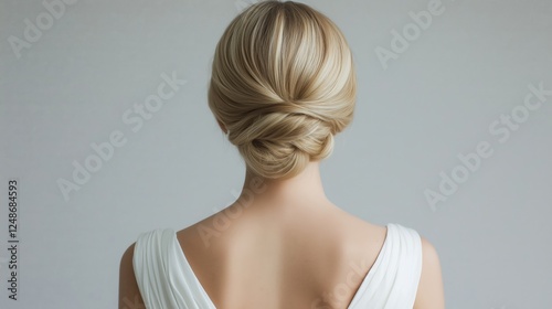 Elegant bride with classic updo hairstyle in soft light against a neutral bac...