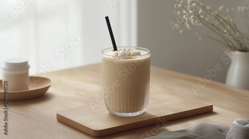 Refreshing latte with whipped cream on wooden table in cozy interior setting