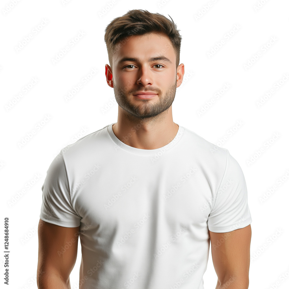 Obraz premium Caucasian man in plain white tee isolated on transparent white background