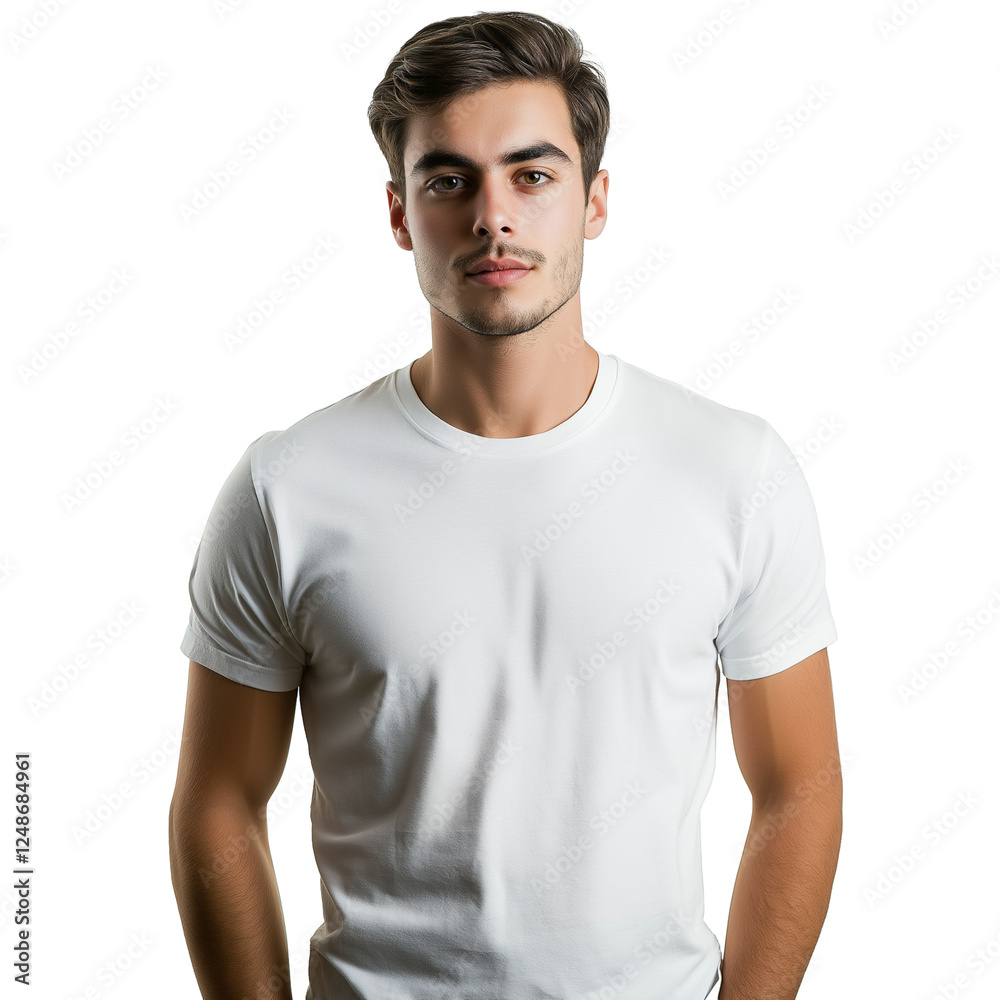 Fototapeta premium Caucasian man in plain white tee isolated on transparent white background
