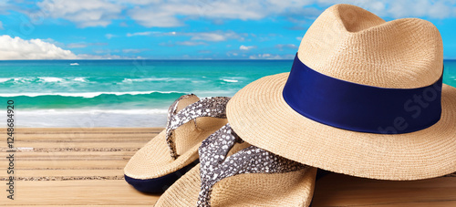 Summer straw hat  and sandals on the sandy beach on background of colourful coastal  sea surf and cloudscape web template banner travel destination advertisement design 