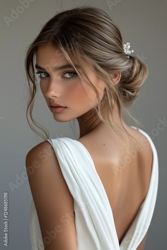 Elegant bridal portrait with a beautiful woman in a wedding dress and soft ha...