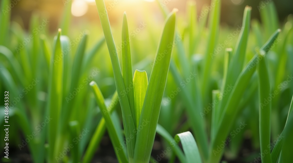 Obraz premium Fresh green onion sprouts growing in garden with blurred background, symbolizing organic farming, healthy food, and natural agriculture