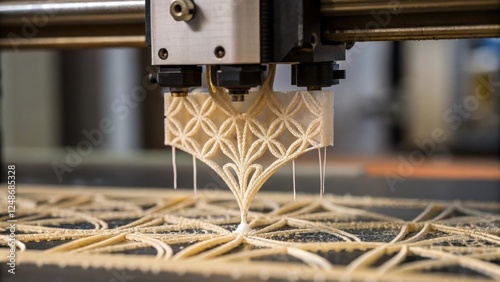 Closeup of an intricate design being released from the material with delicate filaments hanging precariously. The tension in the air is palpable as the finished piece is almost