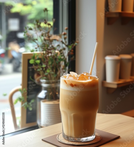 Iced coffee on a wooden table with herbs in a cafe window during daylight