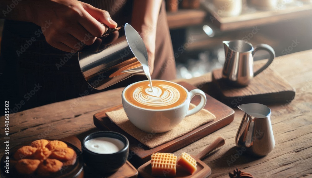 Barista pouring milk into a cappuccino with latte art. Warm, inviting, and perfect for coffee lovers. Barista pouring milk into a cappuccino with latte art. Warm, inviting, and perfect for coffee lovers.