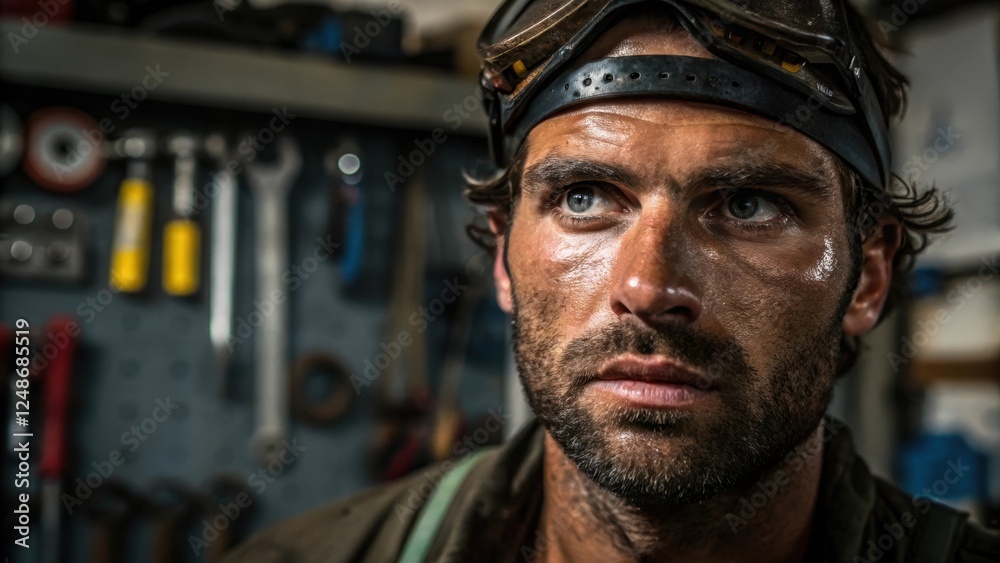 Obraz premium Closeup of a mechanics rugged face framed by a backdrop of tools and machinery with sweat glistening on their brow illustrating determination and hard work.