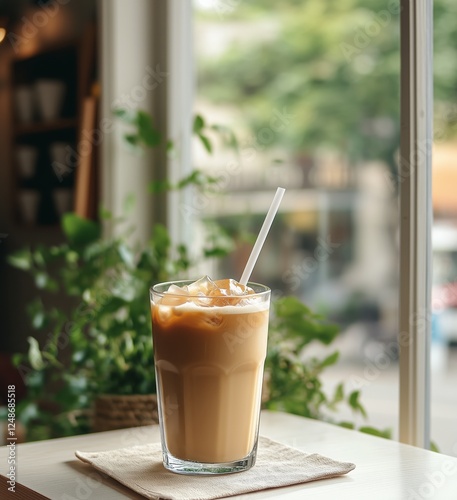 Iced coffee in clear glass on a table near a window with greenery outside