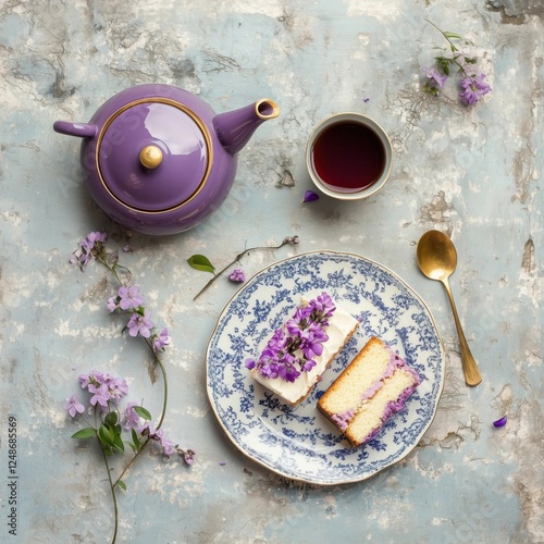 Purple Tea Pot, Cup with Tea  and Cake Top View Photography of The Tea Party 