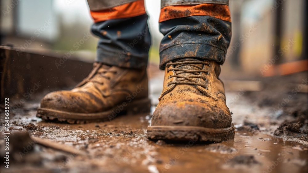Closeup of a workers safety boots with mud splattered on them the surrounding scene blurry indicating a recent tackling of a tough project while portraying both dedication and the Closeup of a workers safety boots with mud splattered on them the surrounding scene blurry indicating a recent tackling of a tough project while portraying both dedication and the
