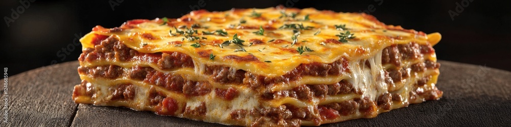 A slice of lasagna sits on a wooden table, ready to be served A slice of lasagna sits on a wooden table, ready to be served