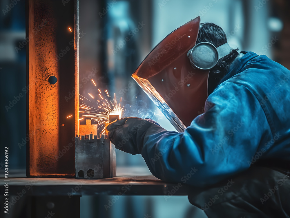 Skilled Welder Working with Sparks in Industrial Workshop Skilled Welder Working with Sparks in Industrial Workshop