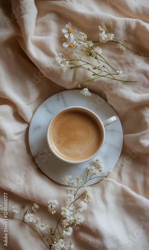 Warm coffee in a cup on soft fabric with delicate flowers creating a cozy atm...