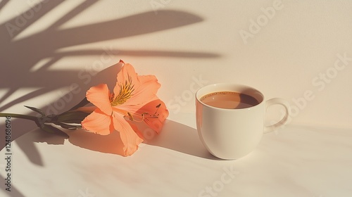 Coffee cup next to a peach flower with soft shadows in a morning light