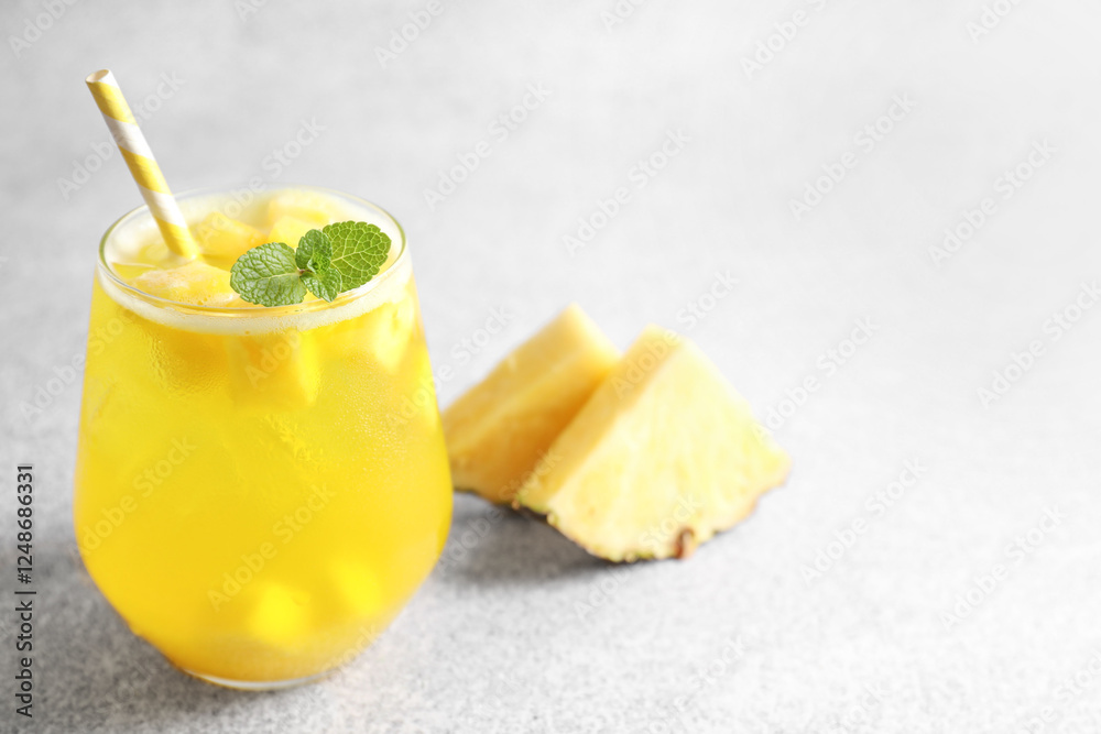 Fototapeta premium Tasty pineapple cocktail with mint in glass on gray table, space for text