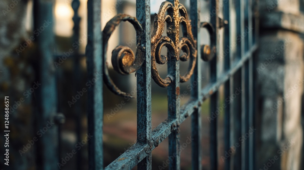 Close-up of a metal fence with a building visible in the background, perfect for use as a property marker or architectural element Close-up of a metal fence with a building visible in the background, perfect for use as a property marker or architectural element