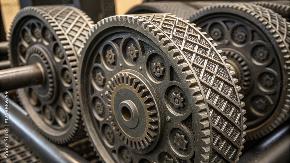Fototapeta premium Closeup on the rolling wheels showcasing the intricate patterns etched into their surface from years of operation. The gears mesh smoothly emphasizing the fine balance between