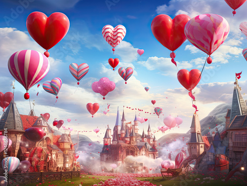 A whimsical fairytale town filled with heart-shaped balloons floating across a vibrant blue sky