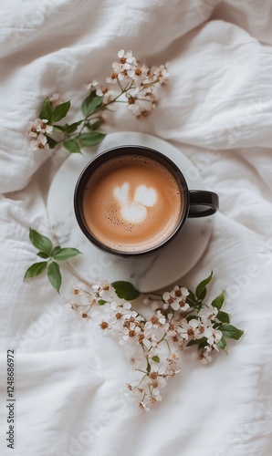 Coffee cup with heart latte art surrounded by flowers on a white blanket