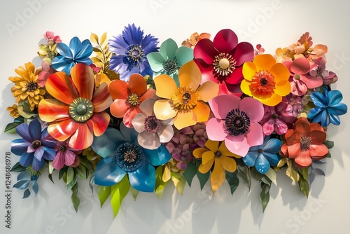 Colorful paper flowers wall art display in an indoor gallery setting