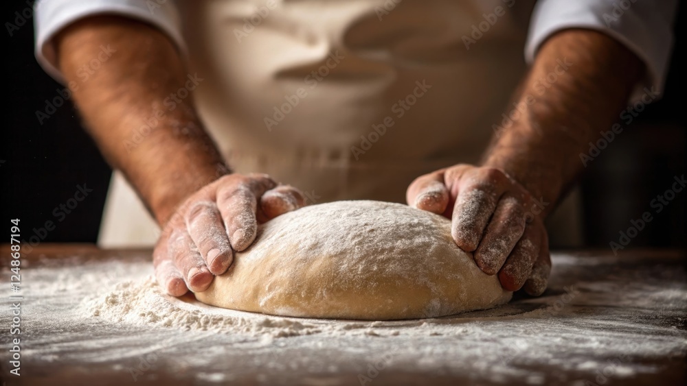 Focused on the bakers hands the image captures the detail of their calloused fingers brushing flour from a perfectly risen loaf a testament to their dedication and skill. Focused on the bakers hands the image captures the detail of their calloused fingers brushing flour from a perfectly risen loaf a testament to their dedication and skill.