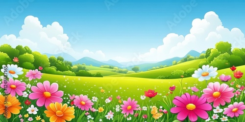 Charming Vector Cartoon Spring Landscape with Colorful Flowers, Green Hills, and Blue Sky Ideal for Seasonal Celebrations and Designs