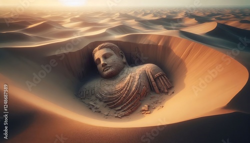 A surreal desert landscape with a massive, weathered sculpture partially buried in the sand, evoking a sense of ancient mystery and forgotten civilizations.