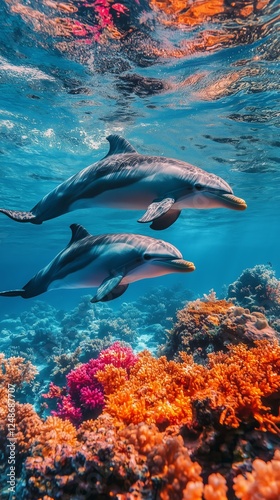 Dolphins swimming gracefully among vibrant coral reefs in clear blue water