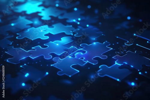 futuristic 3d network of glowing puzzle pieces floating in digital space, neon blue connections, dark background with particle effects