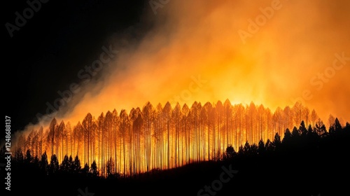 A forest fire rages, flames contrasting sharply with the silhouetted trees. The image captures environmental devastation and the destructive power of nature. photo