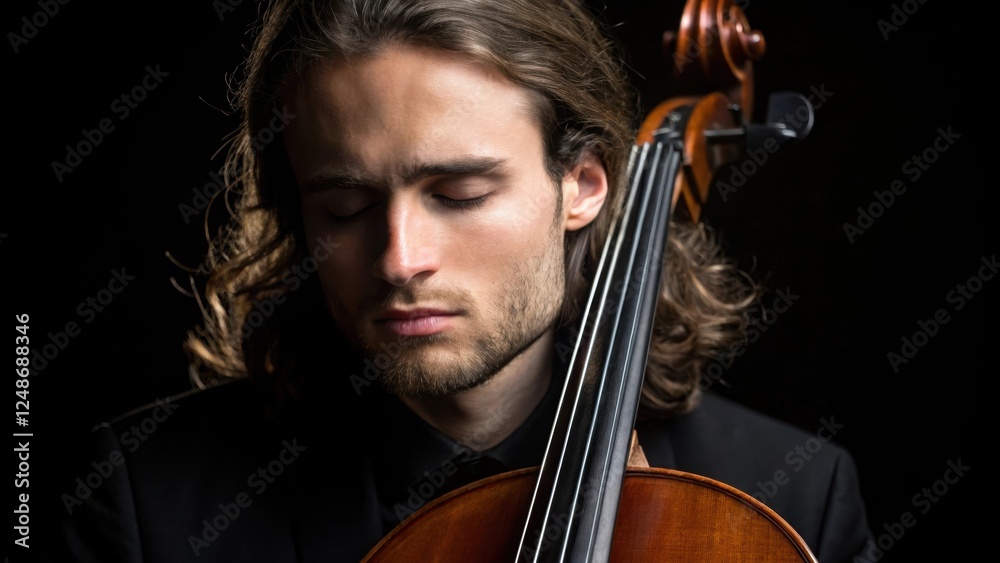 Medium closeup of a cellist eyes closed in deep concentration with strands of hair framing their face while the rich wood of the instrument gleams in the spotlight conveying an Medium closeup of a cellist eyes closed in deep concentration with strands of hair framing their face while the rich wood of the instrument gleams in the spotlight conveying an
